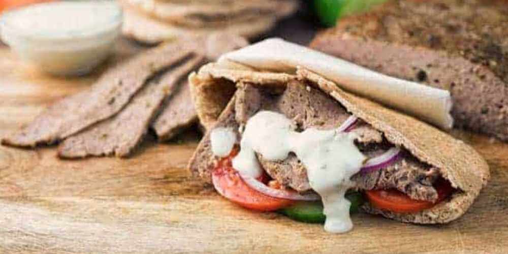 gyro meat with sauce- ready to be served and eat